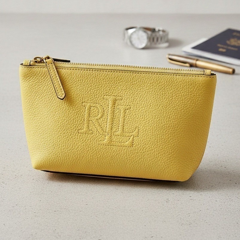Ralph Lauren Cow Pebbled Leather Travel Case Pouch Yellow Msrp 198